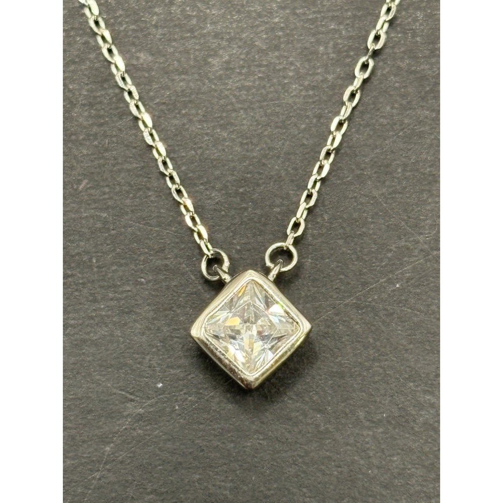 New Condition 18" Sterling Silver Princess Cut Bezel Cubic Zirconia Necklace H20